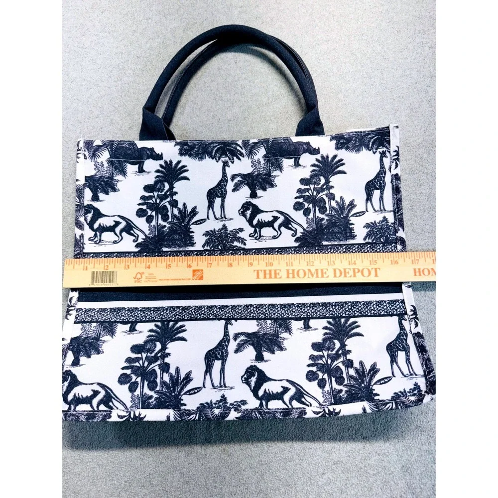Safari Print Tote Bag Jungle Animal Canvas Tote Navy White Striped Lined Travel